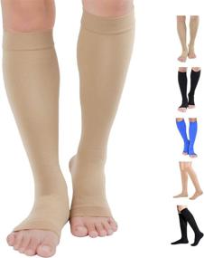 img 4 attached to TOFLY Compression Stockings (Pair), Medical Grade Firm 20-30mmHg Support, Opaque, Unisex, Open Toe Knee High Compression Socks for Varicose Veins, Edema, Shin Splints, Nursing, Travel - Beige L