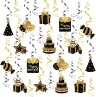 🎉 mocossmy happy birthday hanging swirl decorations - 30 pcs black gold silver cake balloons sign foil swirls - ceiling streamers - hanging decoration for kids, women, men, birthday, baby shower - party supplies logo