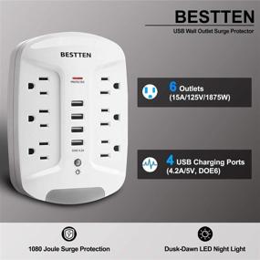 img 1 attached to BESTTEN Wall Outlet USB Charger: Surge Protector with LED Night Light, 4 USB Ports, 6 AC Outlets - ETL Listed, White