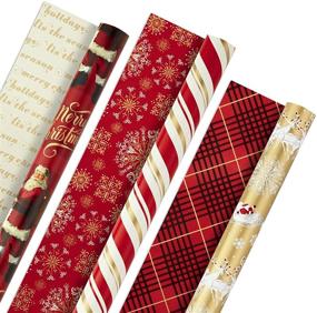 img 4 attached to 🎁 Hallmark Christmas Reversible Wrapping Paper - Classic Santa (Pack of 3, 120 sq.ft. total) - Red & Gold Snowflakes, Stripes, Plaid, Santa's Sleigh
