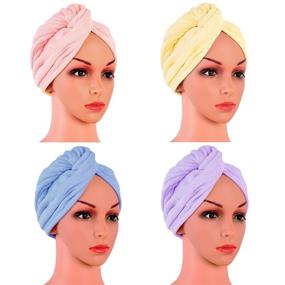 img 4 attached to 🧖 Quick-Dry Hair Towels Set: 4 Pack Microfiber Hair Drying Towels, Absorbent Twist Turban, Hair Cap and Long Hair Wrap (Pink, Yellow, Blue, Purple)