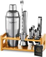 cocktail shaker set, zpose bartender kit, 11-piece stainless steel bar set with bamboo stand, includes martini shaker, jigger, bar spoon, muddler, recipe booklet – premium bar kit cocktail set logo