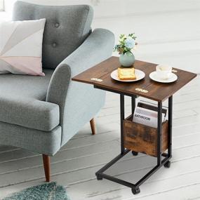img 3 attached to 🪑 Hadulcet Sofa Side Table - Foldable with Storage Basket, C Shaped Design & Wheels: Ideal for Small Spaces in Living Room, Bedroom - Rustic Brown