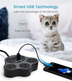 img 2 attached to 🐾 Cute Power Strip with 3 USB Ports & 3 AC Outlets - SUPERDANNY Flat Plug, 5ft Extension Cord for Home, Office, Travel, Dorm - Cat Paw-Shaped in Grey and Black