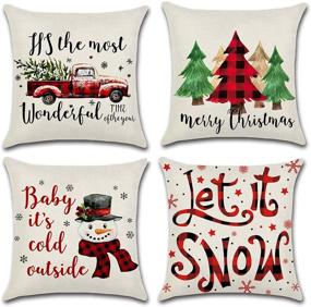 img 4 attached to Tohobk Christmas Pillow Covers 18 x 18 Set of 4 - Farmhouse Christmas Decor Cushion Cases for Home Sofa - Winter Holiday Rustic Linen Throw Pillows