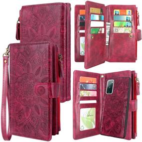 img 4 attached to Harryshell Detachable Magnetic Zipper Wallet Leather Case Cash Pocket With 12 Card Slots Holder Wrist Strap For Samsung Galaxy S20 FE 5G (2020) Floral Flower (Wine Red)