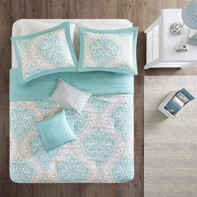 img 2 attached to 🛏️ Impressive Aqua Blue/Gray Damask Senna Comforter Set - Full/Queen Size - 5 Piece Bedding Set for All Seasons - Ultra Soft Microfiber Teen Bedding - Ideal for Guest Room and Girls Bedroom