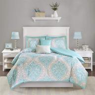 🛏️ impressive aqua blue/gray damask senna comforter set - full/queen size - 5 piece bedding set for all seasons - ultra soft microfiber teen bedding - ideal for guest room and girls bedroom logo