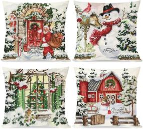 img 4 attached to 🎄 PANDICORN Watercolor Christmas Pillow Covers Set of 4 - 18x18, Vintage Christmas Trees, Santa Claus Snowman, Rustic Country Winter Holiday Decor Throw Pillow Cases for Home Sofa Couch