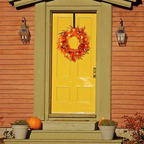 img 2 attached to 🍁 16-inch Pre-lit Fall Wreath with Metal Hanger - Twinkle Star Lighted Autumn Harvest Decor, 20 LED Lights, Artificial Maple Leaves, Pumpkins, and Berries - Front Door Wall Thanksgiving Decorations