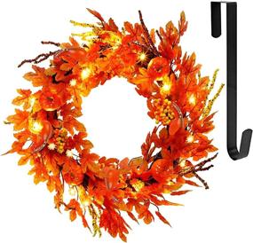 img 4 attached to 🍁 16-inch Pre-lit Fall Wreath with Metal Hanger - Twinkle Star Lighted Autumn Harvest Decor, 20 LED Lights, Artificial Maple Leaves, Pumpkins, and Berries - Front Door Wall Thanksgiving Decorations