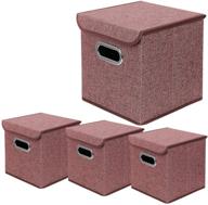 📦 set of 4 red linen fabric foldable storage bins with lids - beigeswan organizer boxes cubes, collapsible - size 10 x 10 x 10 inches logo