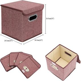 img 3 attached to 📦 Set of 4 Red Linen Fabric Foldable Storage Bins with Lids - BeigeSwan Organizer Boxes Cubes, Collapsible - Size 10 x 10 x 10 Inches