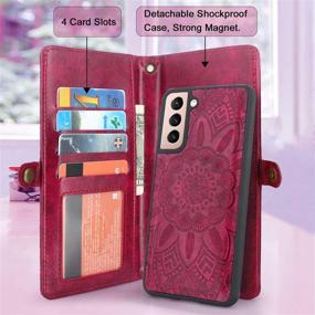 img 3 attached to 🌸 Detachable Magnetic Wallet Case with 12 Card Slots | PU Leather Flip Cover | Wrist Strap | Samsung Galaxy S21 5G 6.2 Inch (2021) | Flower Wine Red