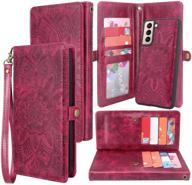 🌸 detachable magnetic wallet case with 12 card slots | pu leather flip cover | wrist strap | samsung galaxy s21 5g 6.2 inch (2021) | flower wine red logo