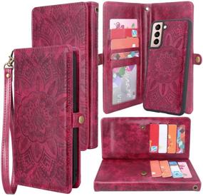 img 4 attached to 🌸 Detachable Magnetic Wallet Case with 12 Card Slots | PU Leather Flip Cover | Wrist Strap | Samsung Galaxy S21 5G 6.2 Inch (2021) | Flower Wine Red