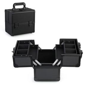 img 4 attached to A&amp;A Makeup Train Case: Reliable Lockable Organizer Box with 2-Deck Folding Trays - Portable and Stylish Storage Solution in Black