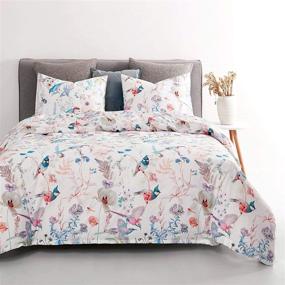 img 3 attached to 🌺 Wake In Cloud - Queen Size Bird Comforter Set with Colorful Floral Flowers and Leaves Botanical Plant Pattern on White Background - Soft Microfiber Bedding (3pcs)