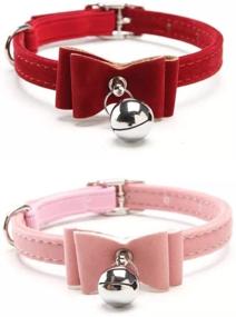 img 4 attached to 2-Pack Small Pet Velvet Bowknot Collar with Bell | Adjustable PU Leather Cute Necklace Bow Tie for Cats, Kittens, Dogs, and Puppies | Pink & Red