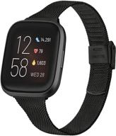 🏻 stainless steel narrow replacement wristband for fitbit versa - slim metal band for women - black logo