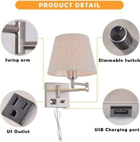 img 1 attached to 💡 Dimmable Wall Mount Light with Outlet, Swing Arm Fabric Shade Wall Sconce Light, USB Port and Plug in Cord, Satin Nickel Wall Lamp for Bedroom, Living Room and Hotel