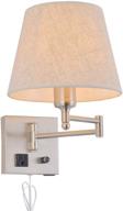 💡 dimmable wall mount light with outlet, swing arm fabric shade wall sconce light, usb port and plug in cord, satin nickel wall lamp for bedroom, living room and hotel логотип