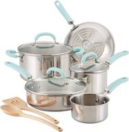 rachael ray create delicious stainless steel cookware set: 10-piece pots and pans with light blue handles logo