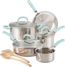 img 4 attached to Rachael Ray Create Delicious Stainless Steel Cookware Set: 10-Piece Pots and Pans with Light Blue Handles