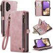 💼 samsung galaxy a32 5g case - premium pu leather wallet case with magnetic flip, zipper pocket, lanyard strap & card holder - rose pink logo