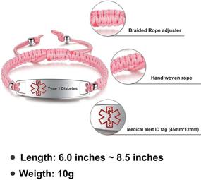 img 3 attached to JF.JEWELRY Nylon Braided Medical Alert ID Bracelet for Type 1 Diabetes, Pre-Engraved, Adjustable from 6.0-8.5 Inches