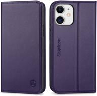 shieldon genuine leather wallet case for iphone 12/12 pro 5g - full protection cover with rfid blocking and kickstand - dark purple logo