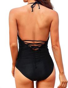 img 2 attached to 👙 Holipick Women's Halter One-Piece Swimsuits with Tummy Control, Ruched Push-Up Bathing Suits - Sexy Plunge V-Neck, Tie-Back Swimwear