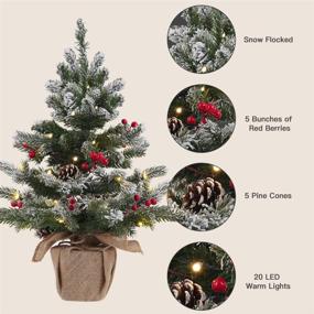 img 1 attached to Enchant Your Home with the 2 FT Pre-lit Snowy Mini Christmas Tree - Perfect Tabletop Decoration with 20 LED Lights, Red Berries, Pine Cones, and Cloth Bag Base for a Magical Holiday Party