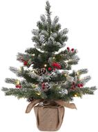 enchant your home with the 2 ft pre-lit snowy mini christmas tree - perfect tabletop decoration with 20 led lights, red berries, pine cones, and cloth bag base for a magical holiday party logo