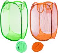 🧺 qtopun mesh popup laundry hamper 2-pack - portable foldable dirty clothes basket for bedroom, kids room, college dormitory, and travel - green and orange логотип