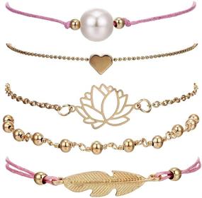 img 4 attached to Rose Quartz Beaded Bracelets for Women - Adjustable Charm Pendant Stack Bracelets - Exquisite Friendship Gift with Pearl Gold Plating