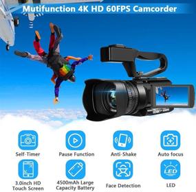 img 3 attached to 📹 Newest Auto Focus Camcorder 4K HD Video Camera 48MP 60FPS 30X Digital Zoom for YouTube with LED Function, Handheld Stabilizer, Remote Control, Microphone, 4500mAh Battery and 64GB SD Card