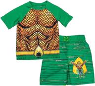 🌊 warner bros. justice league aquaman boys' rash guard & swim trunks set, green, 6/7 - perfect swimwear for little aquaman fans logo