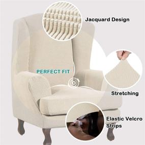 img 1 attached to Stretch Wingback Chair Slipcover, 2-Piece Set, Soft Furniture Protector for 🪑 Wing Chairs, Elastic Bottom, Small Checks Pattern in Biscotti Beige, Spandex Jacquard Fabric