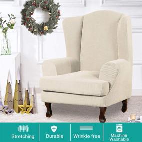 img 3 attached to Stretch Wingback Chair Slipcover, 2-Piece Set, Soft Furniture Protector for 🪑 Wing Chairs, Elastic Bottom, Small Checks Pattern in Biscotti Beige, Spandex Jacquard Fabric