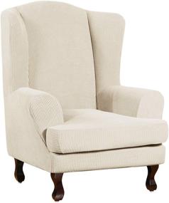 img 4 attached to Stretch Wingback Chair Slipcover, 2-Piece Set, Soft Furniture Protector for 🪑 Wing Chairs, Elastic Bottom, Small Checks Pattern in Biscotti Beige, Spandex Jacquard Fabric