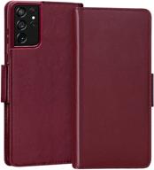 📱 fyy чехол для samsung galaxy s21 ultra 5g 6.8” luxury wallet case - настоящая кожа коровы, блокировка rfid, ручная работа, флип-фолио чехол с отделениями для карт - вишневый логотип