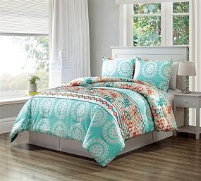 img 1 attached to 🛏️ California King Bedding Set: 3-Piece Turquoise Blue/Orange/White Scroll Embroidery with Pleated Design - Down Alternative Comforter Set. Ideal for Bedroom or Guest Room Décor.