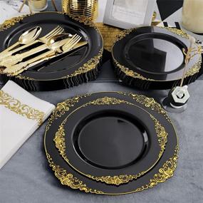 img 1 attached to 350 Pieces of Black and Gold Plastic Plates with Gold Plastic Silverware - Perfect for Weddings & Parties | 50 Dinner Plates, 50 Dessert Plates, 50 Rolled Napkins with Gold Cutlery, 50 Cups