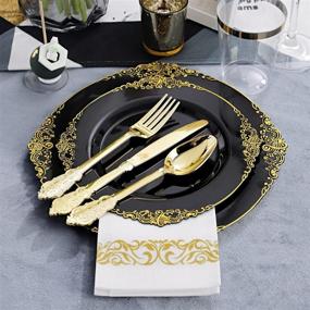 img 2 attached to 350 Pieces of Black and Gold Plastic Plates with Gold Plastic Silverware - Perfect for Weddings & Parties | 50 Dinner Plates, 50 Dessert Plates, 50 Rolled Napkins with Gold Cutlery, 50 Cups