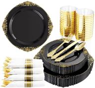 350 pieces of black and gold plastic plates with gold plastic silverware - perfect for weddings & parties | 50 dinner plates, 50 dessert plates, 50 rolled napkins with gold cutlery, 50 cups logo