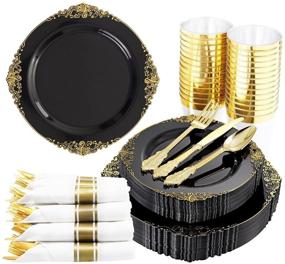 img 4 attached to 350 Pieces of Black and Gold Plastic Plates with Gold Plastic Silverware - Perfect for Weddings & Parties | 50 Dinner Plates, 50 Dessert Plates, 50 Rolled Napkins with Gold Cutlery, 50 Cups