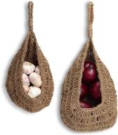 🧺 jute hanging onion basket for pantry storage and organization, potato garlic onion storage solution, boho kitchen wall baskets, garlic keeper, bohemian handwoven fruit or veggie basket decor, set of 2 логотип