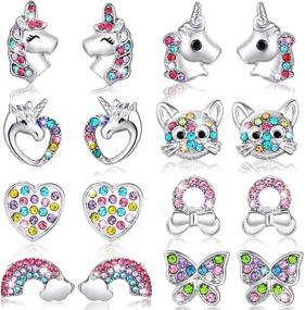 img 4 attached to 🦄 8 Pairs Silver Unicorn Stud Earrings Set: Adorable Cat, Butterfly, Love Heart, Rainbow, Tiny Earrings - Perfect Birthday Party Present for Girls, Women, Daughters, and Girlfriends