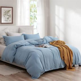 img 4 attached to 🛏️ Washed Microfiber Duvet Cover Set - Queen Size, Light Blue Ultra Soft Comforter Cover Set with 8 Corner Ties & Button Closure, Includes 2 Pillowcases